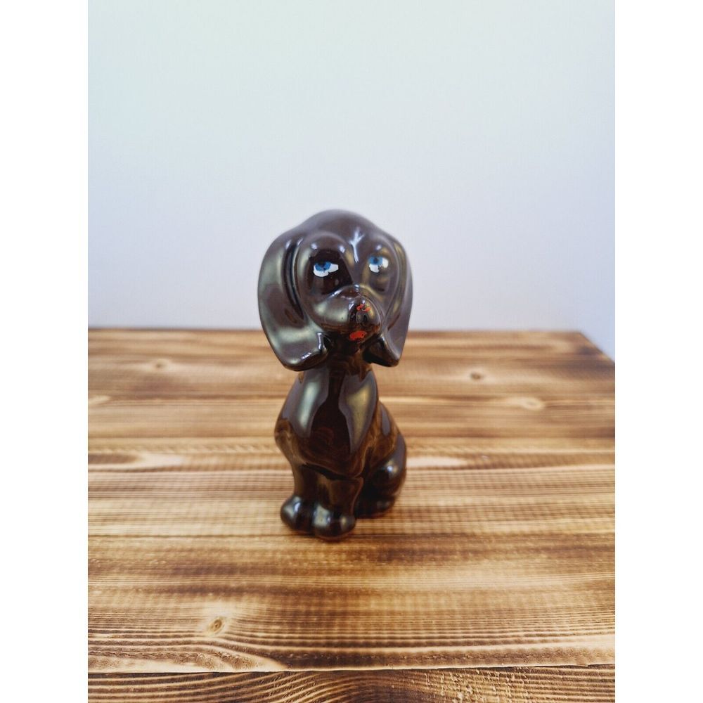 Vintage Dog Figurine Brown Glazed With Big Eyes 5"‎ Tall Made in Japan 1950's